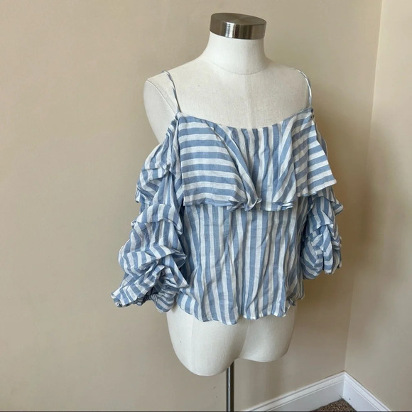 Zara blue white striped strappy off the shoulder woven top 5534 - Picture 4 of 9
